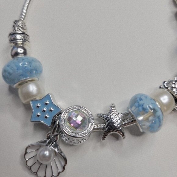 NWT Pandora Style Charm Bracelet Enameled Star Turtle Shells Pearl Silver Blue - Picture 4 of 6